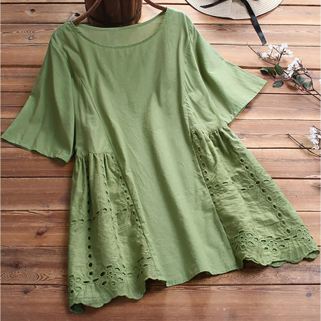 Женская винтажная блузка с круглым вырезом коротким рукавом и кружевом|Блузки| |