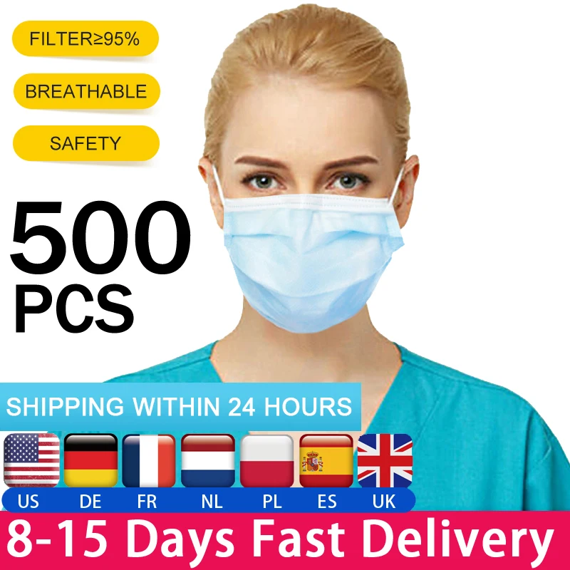 

500pcs Fast delivery Hot Sale 3-layer mask Face Mouth Masks Non Woven Disposable Anti-Dust Meltblown cloth Masks Earloops Masks