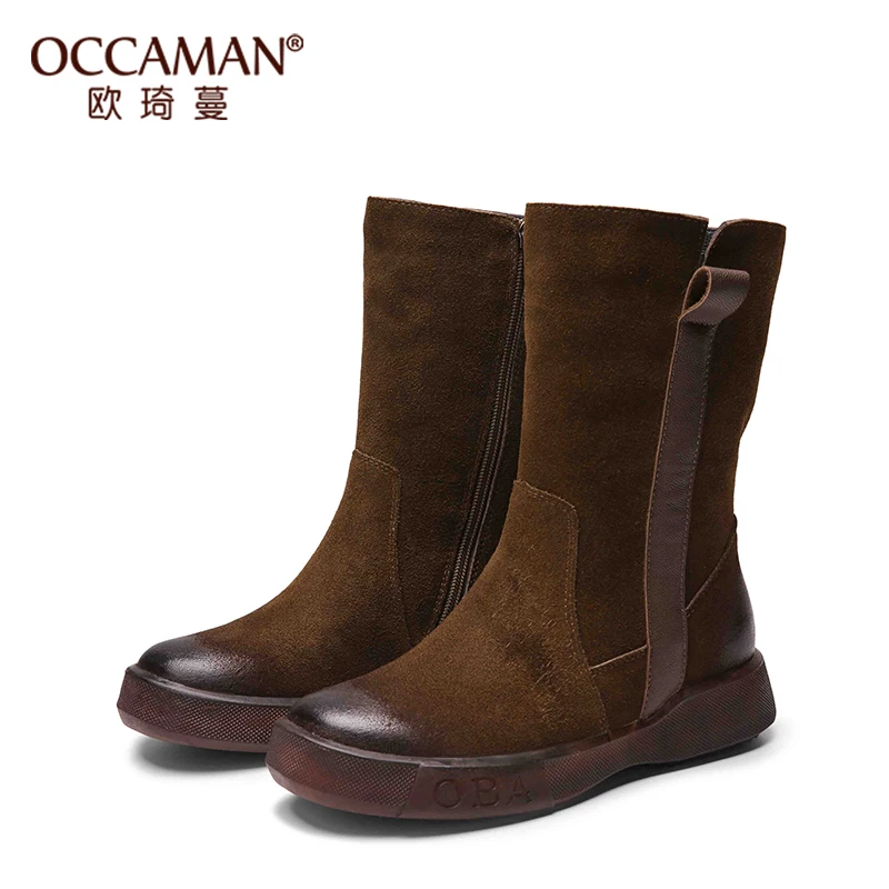 

OCCAMAN Vintage Leather Suede Comfortable Low Thick Platform Warm Round Toe Zipper Mid-calf Snow Boots 16146