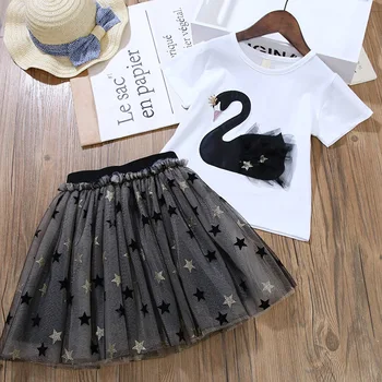 

Girls Dress 2020 New Summer Princess Dress Elegant Casual Polka-dot Swan T-shirt+ Costumes Party dress Children Clothing 3-7Y