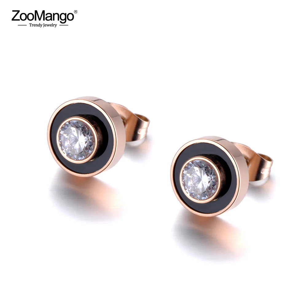 

ZooMango Trendy Black Acrylic Zircon Crystal Stud Earrings For Women Rose Gold Stainless Steel Ear Jewelry Accessories ZE19001