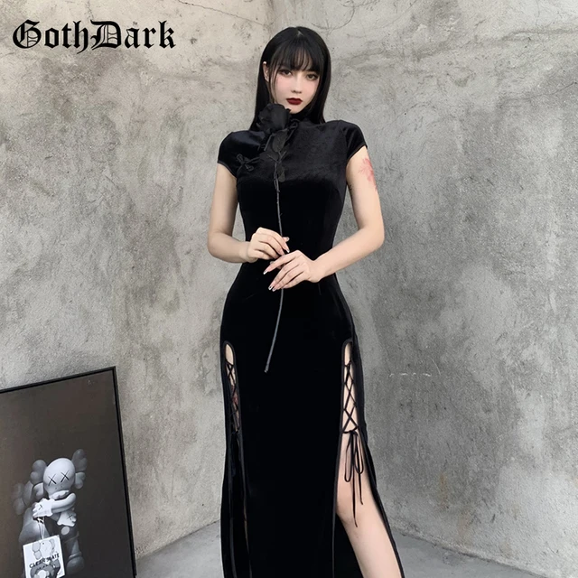 Goth Dark Romantic Gothic Velvet Aesthetic Dresses Vintage Women Black Bandage SlitHem Bodycon Dress Sexy Evening Wear Cheongsam 4