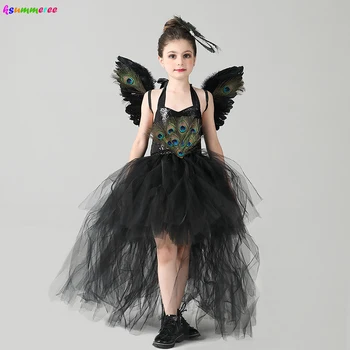 

Girls Peacock Feather Party Tutu Dress for Halloween with Wing Kids Princess Pageant Prom Ball Gown Dress Fancy Peacock Costume