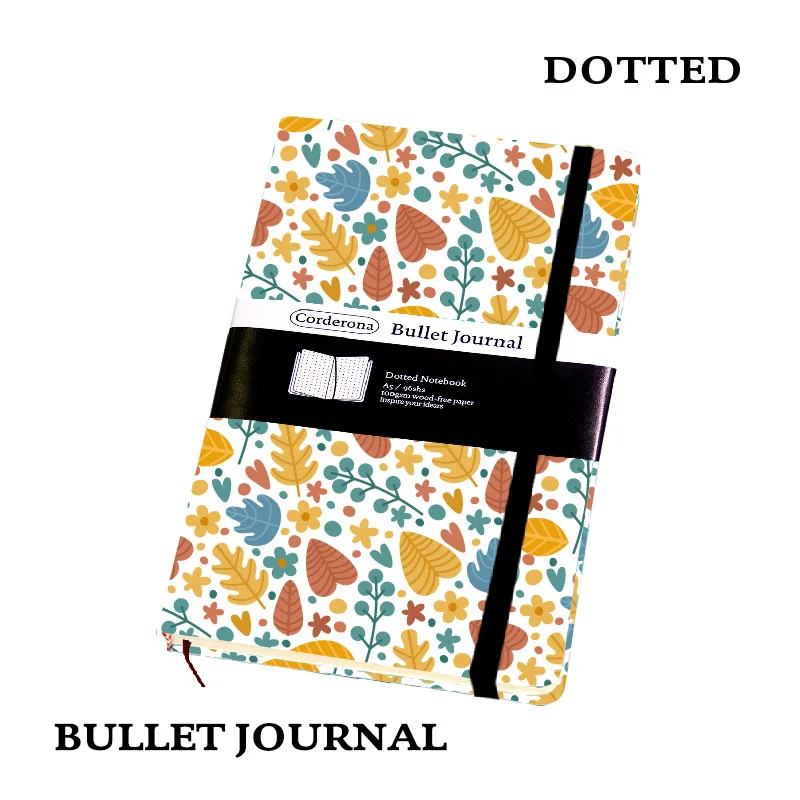

Autumn Plant Dot Grid Hard Cover A5 PU Bullet Notebook Elastic Band Travel Dotted Journal Bujo Support Dropshipping