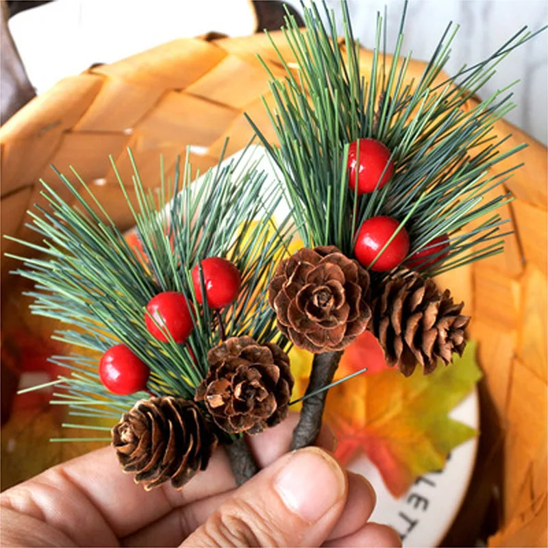 Artificial Pine Stems Christmas Flowers Ornament, Artificial Holly