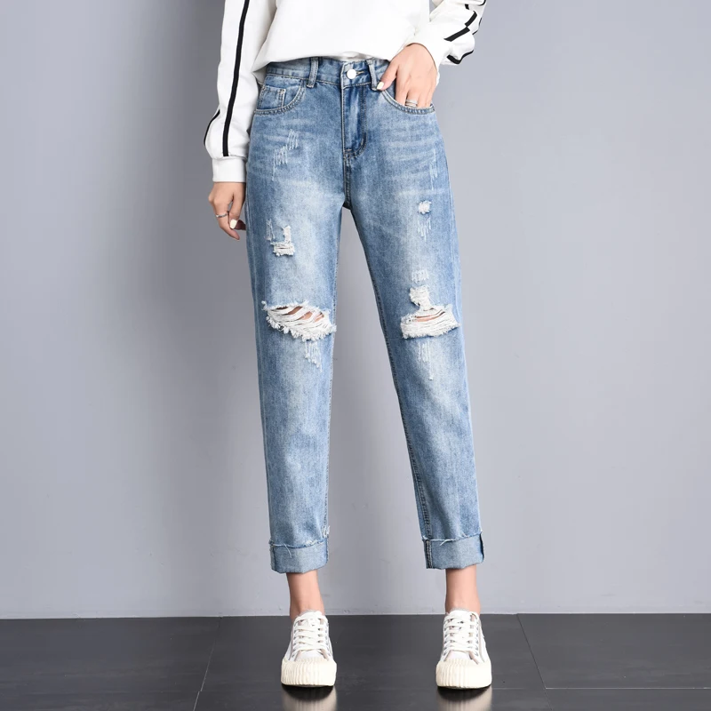 Ripped Jeans For Women Loose Harem Pants Fashion Hole Boyfriend Jeans Ladies Casual Ankle Length Washes Denim Trousers