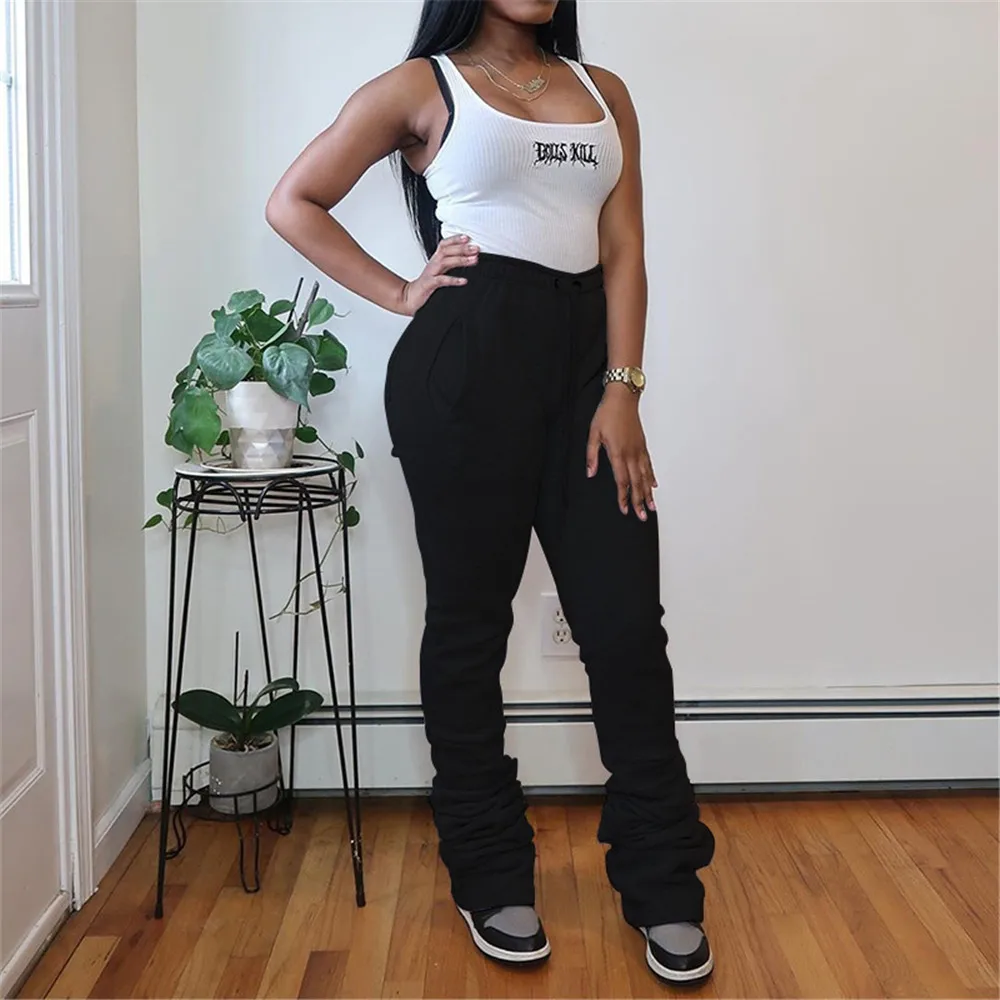 

Solid Color Sports Trouser High Wasit Pleated Casual Warm Flare Pants Winter Female Clothing