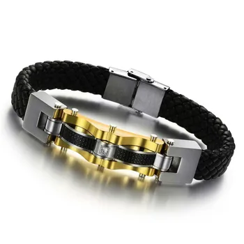 

Luxury Genuine Leather Bracelet Bangle Man Gold Color Stainless Steel Bracelet Jewelry With Carbon Fiber