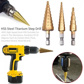 

3pc Step Drill Bit Set Cone Hole Cutter Taper Metric 4 - 12 / 20 / 32mm 1 / 4 "titanium Coated Metal Hex Core Drill Bits