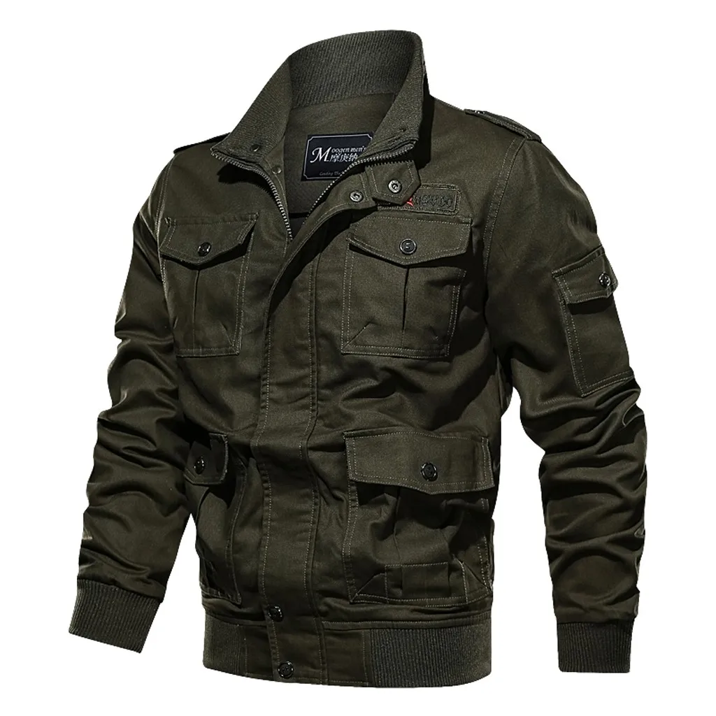 Куртка Мужская осень зима пальто Homme чистый цвет мульти-карман размера плюс стиральная куртка ветровка Jaqueta Masculino - Цвет: Армейский зеленый