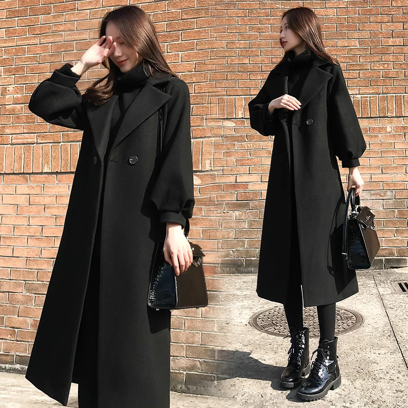 Большой размер, осеннее и зимнее черное пальто, Женское зимнее приталенное Свободное пальто Nizi, длинное пальто выше колена, шерстяное пальто