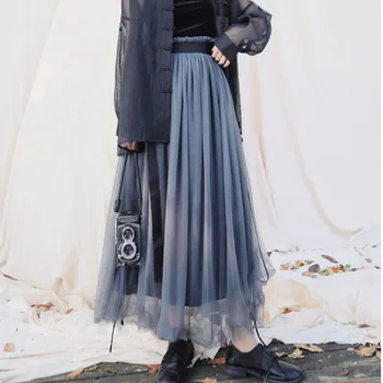 

LANMREM autumn mesh patchwork mutli-layer A-line big size elastic colors fake two pieces halfbody skirt WL893
