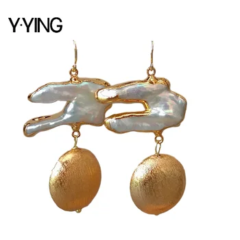 

Freshwater White Keshi Pearl gold color Plated coin beads Hook Earrings