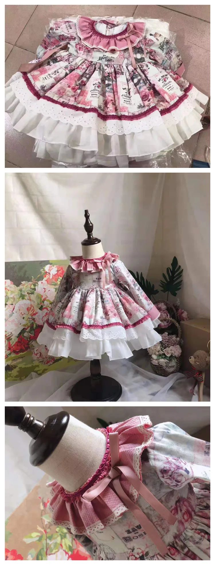 Осенне-зимнее От 0 до 7 лет в английском стиле; праздничное платье принцессы для девочек в стиле «лолита» с длинными рукавами; винтажное платье с розовым бантом для девочек