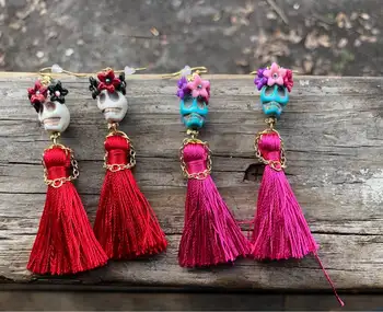 

Skull Earrings with A Little Flower Crown A Little Dress and Little Hands Made of Metal Chain, Day of The Dead,Tassel Earrings