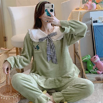 

Korean Design Flannel Multi-color Sleepwear 2PCS Female Nightgown Pajama Set Women Home Suit Pijama Mujer пижама женская