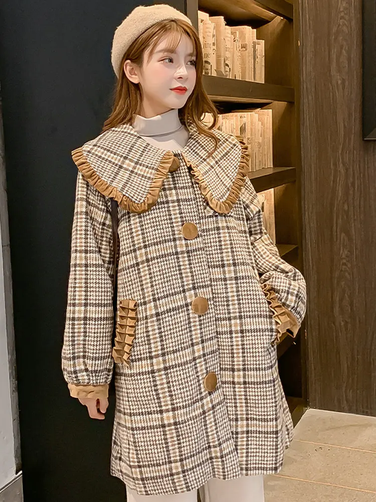 Autumn Winter Women Tweed Coats Peter Pan Collar Single-breasted Khaki Checked Overcoat Womans Plus Size Wool Blend Outerwear - Цвет: Plaid Tweed Coat