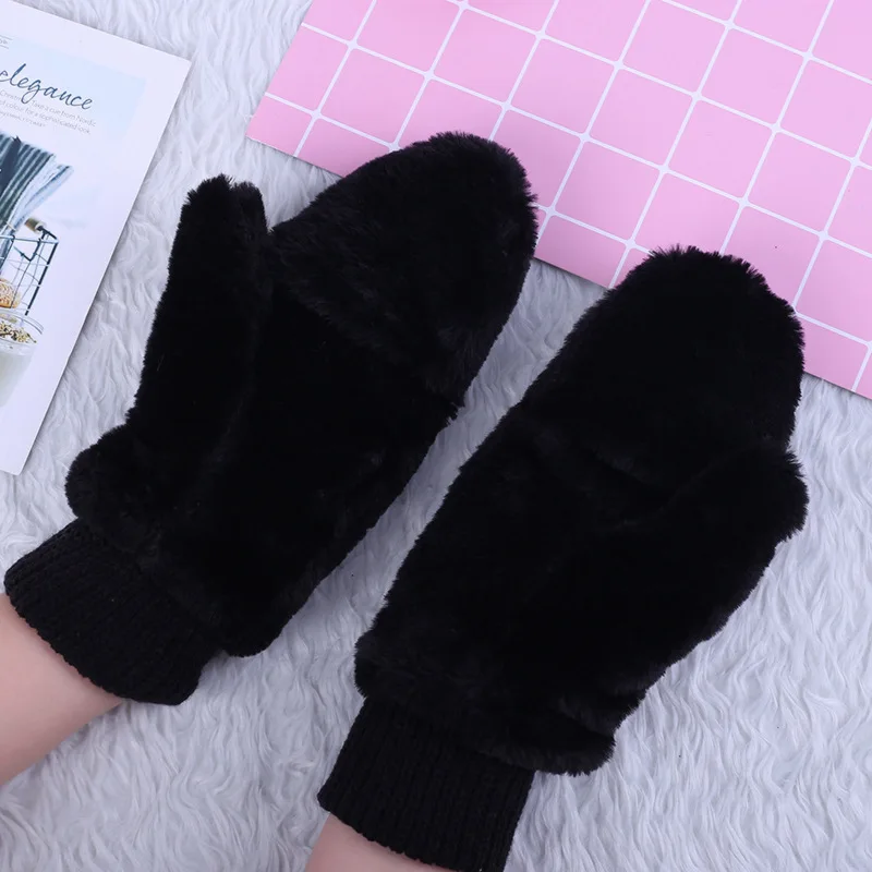 2019 зимние плюшевые женские перчатки теплые перчатки без пальцев мягкие бархатные черные флисовые варежки милые женские перчатки двойного