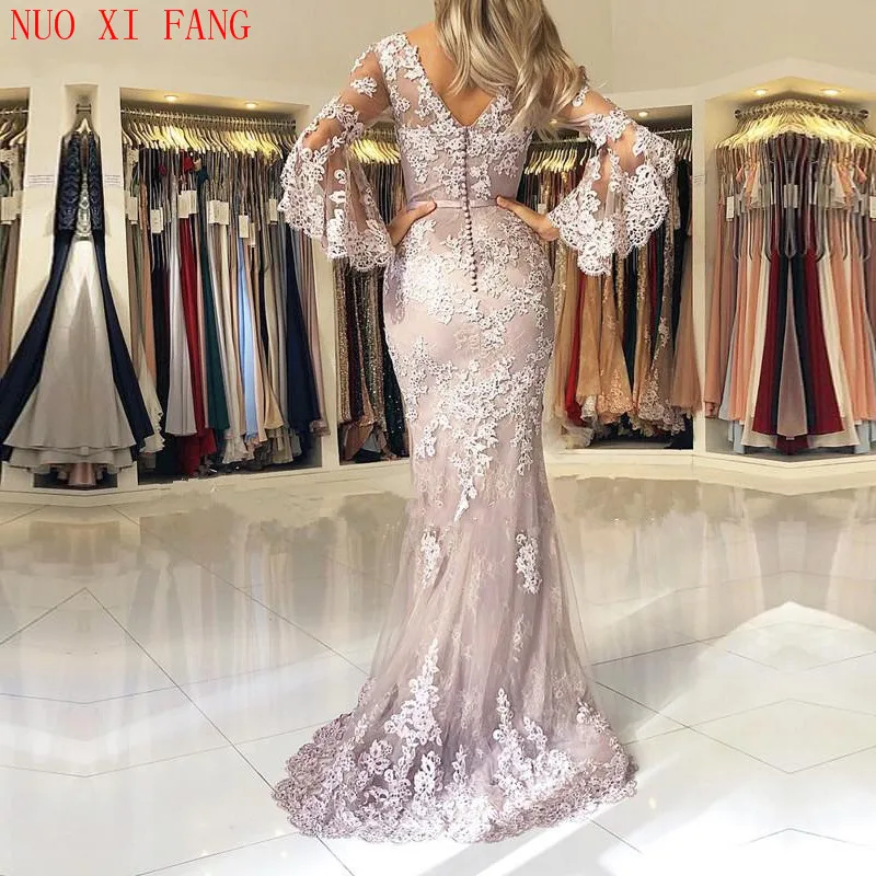 Glamorous V neck robe de soiree Mermaid Evening Dresses Elegant Lace Appliques Long Sleeves Prom Party Dresses Formal Dresses