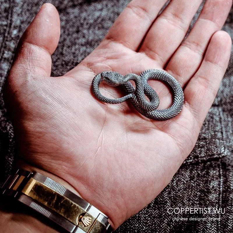 Coppertist. Wu змей S925 Серебристый Брелок для ключей латунный брелок для ключей ручной работы Золотое модное Животное змея кольцо для ключей с сумочкой кулон панк-рок
