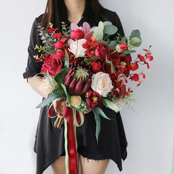 

Vintage Dark Red Silk Flowers Protea cynaroides Wedding Bouquets Artificial Rose Bridal Bridesmaid Bouquet Wedding Accessories