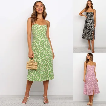 

Summer Lady Sling Slim Fashion Floral Dress Sexy Backless Split Sleeveless Spaghetti Strap Dress Vestidos