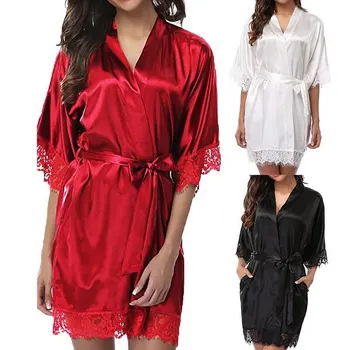 

Women Short Satin Dress Nightgown Soft Belt Lingerie Bath Robe Bathrobe Pajama Nightdress Lady Sexy Lace Up Solid Sleepwear