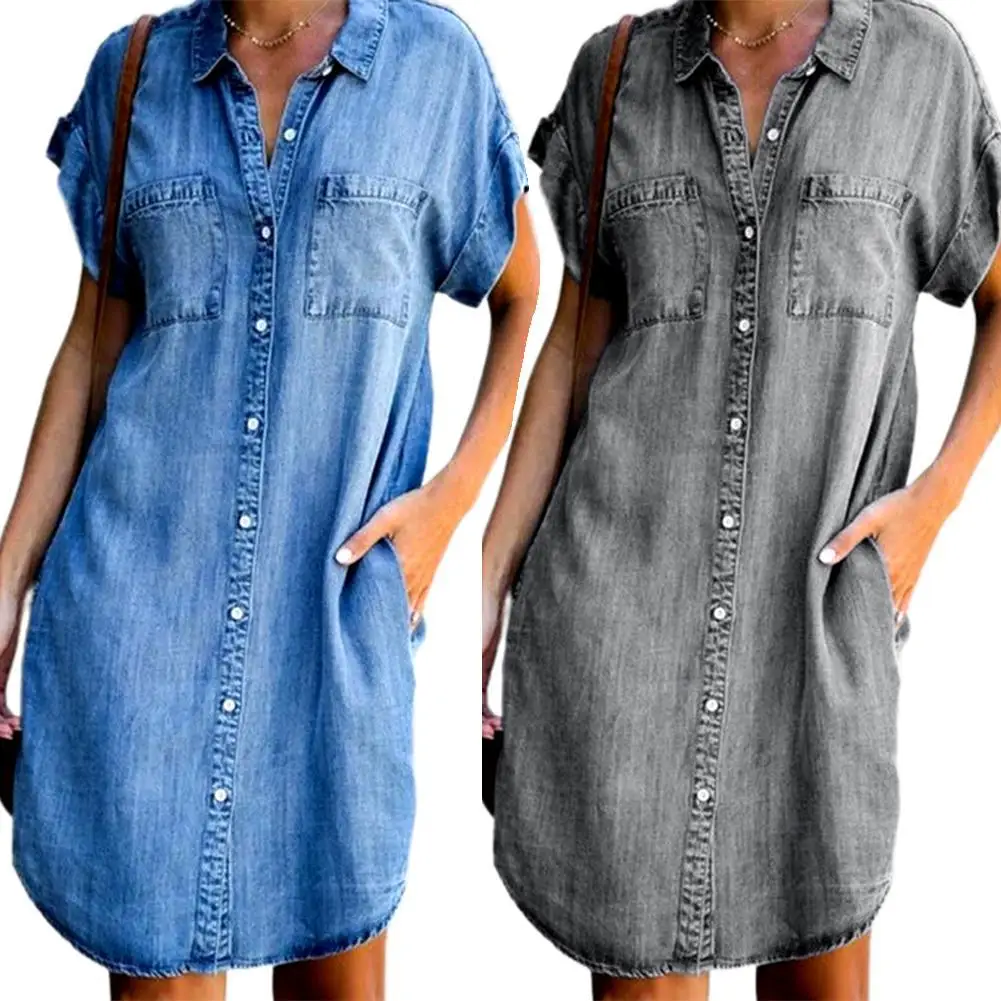 Vestido vaquero de talla grande para mujer, vestidos holgados de manga corta con bolsillos, hilera de botones y dobladillo Irregular hasta la rodilla para primavera y verano