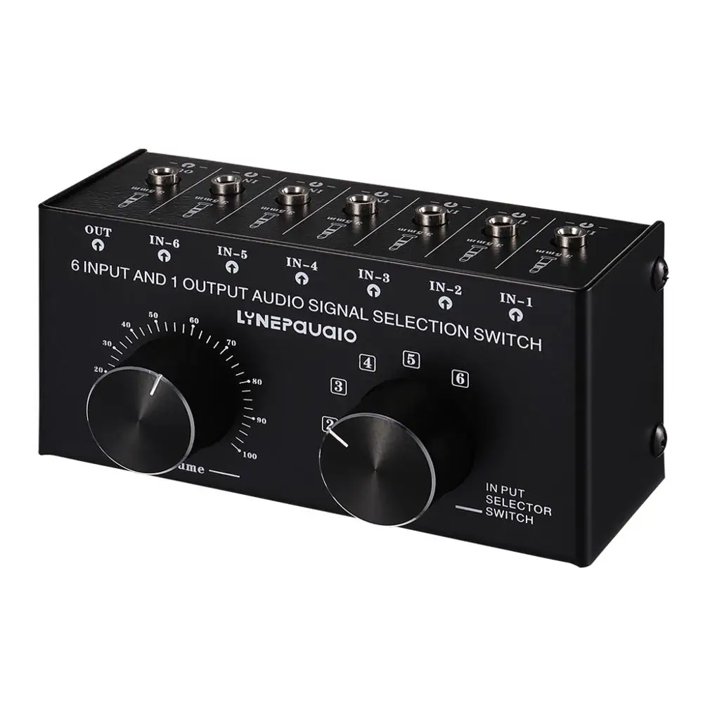 6 Input 1 Output Audio Signal Selection Switcher Output Volume Adjustment Control 3.5mm Interface 6 Input 1 Output Audio Signal Selection Switcher Output Volume Adjustment Control 3.5mm Interface