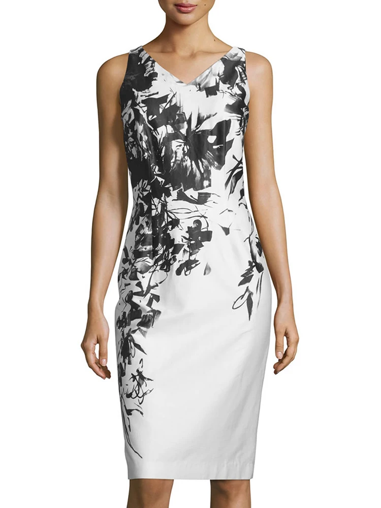 

Модное женское платье-футляр с принтом и V-образным вырезом, повседневные платья без рукавов 040412B1