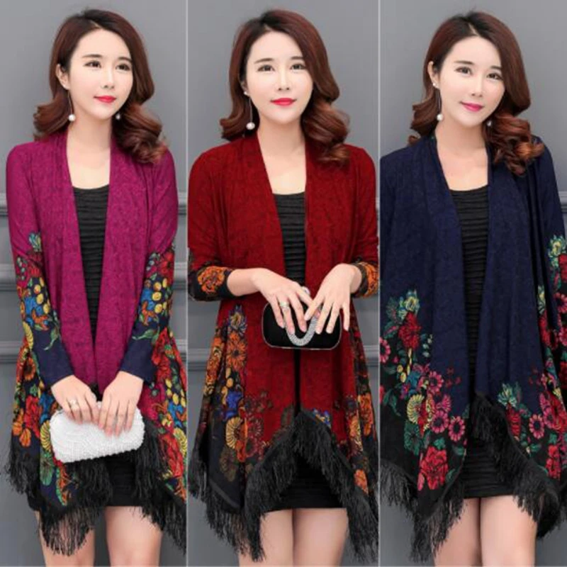

2019 spring and autumn new women's large size XL-5XL retro tassel Korean version of the loose printed cardigan fashion shawl