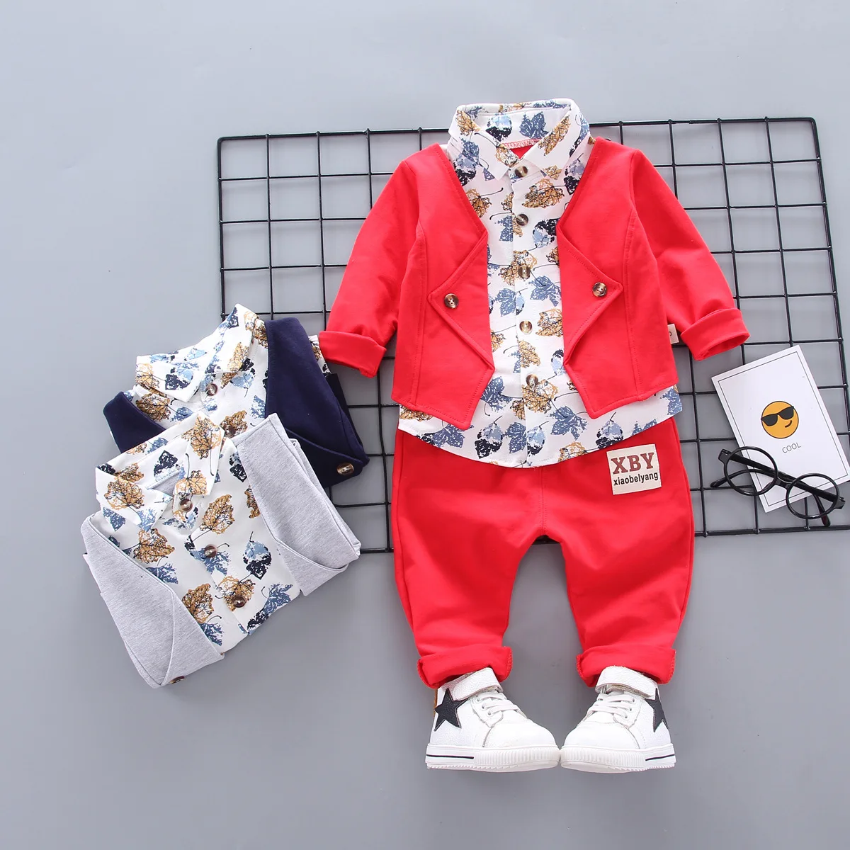 

2019 New Style Autumn Clothing Children Baby Fashion Self-Long Maple Leaf Fake Three-piece Set Korean-style BOY'S Cardigan Suit