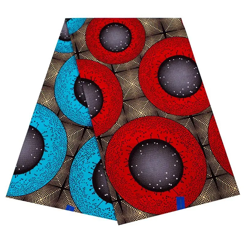 

2019 New African Fabric Pure Cotton Sky-Blue Color And Red Round Print Fabric For Women Dress Dutch Wax Super Hollandais Java