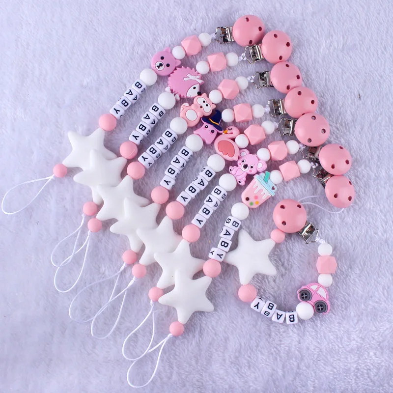 Porte-sucette personnalisé | Clips porte-sucette chaîne, porte-mamelon gris rose pour bébé garçon fille, Clips pour nourrissons