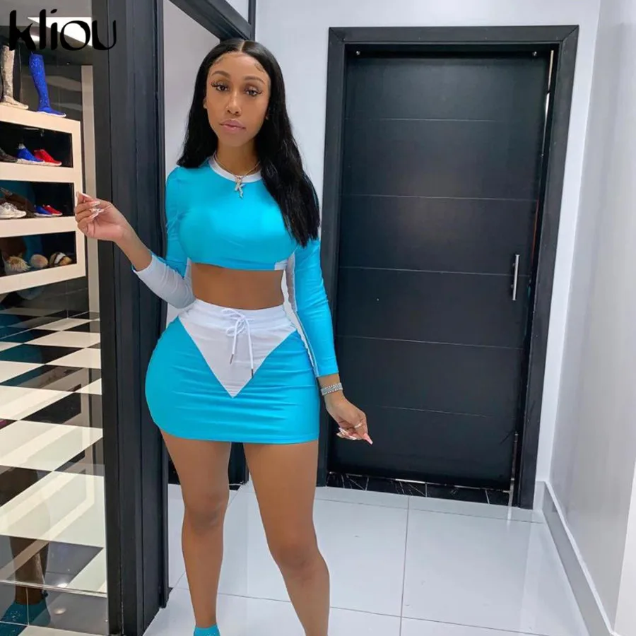 

Kliou women long sleeve two colors patchwork two pieces set full sleeve crop top + skirts outfit elastic skinny casual tracksuit