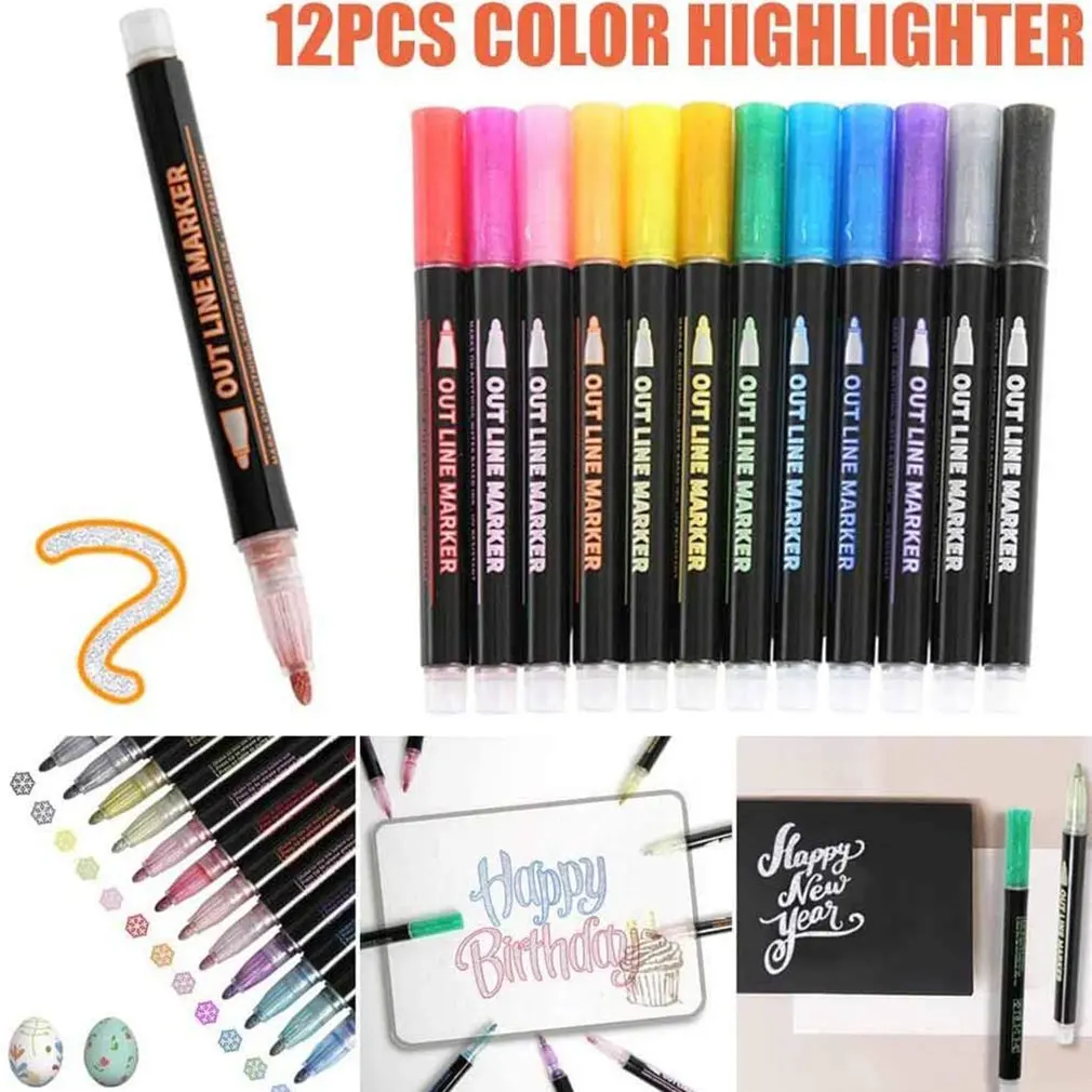 

12 Colours Double Line Outline Marker Pens Metallic Outline Markers Pens Self-outline Markers Double Line Pen Office School Use