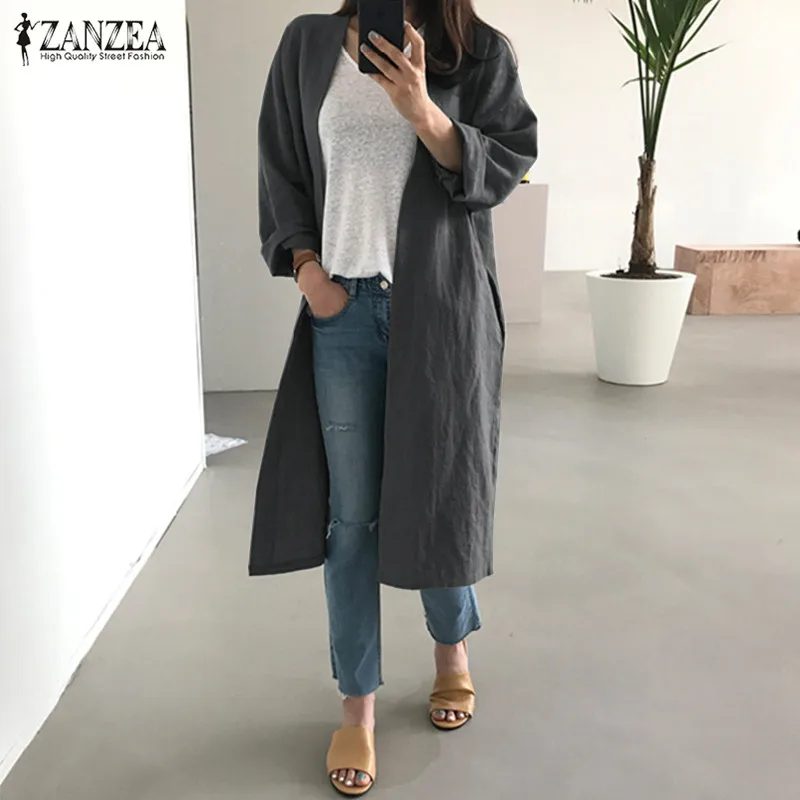ZANZEA/модные хлопковые льняные пальто с длинными рукавами и открытым передом для женщин; осенний кардиган для работы; однотонные Длинные куртки; женская верхняя одежда; топы