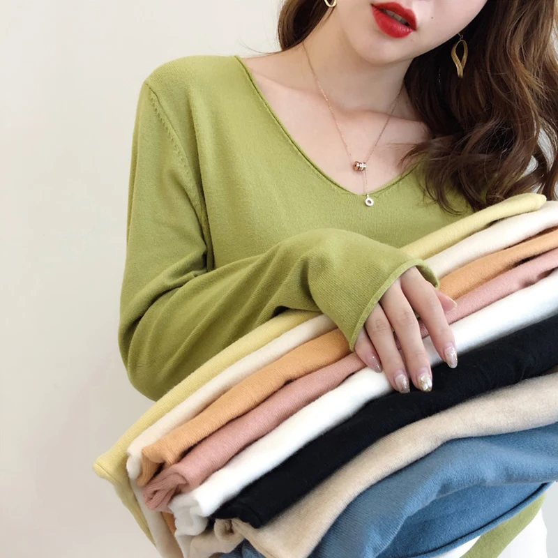TuangBiang 2022 Spring Ruched Cuffs V-neck Long Sleeve Wool Women Pullovers High Elasticity Sweaters Lady Blue Color Knit Tops | Женская