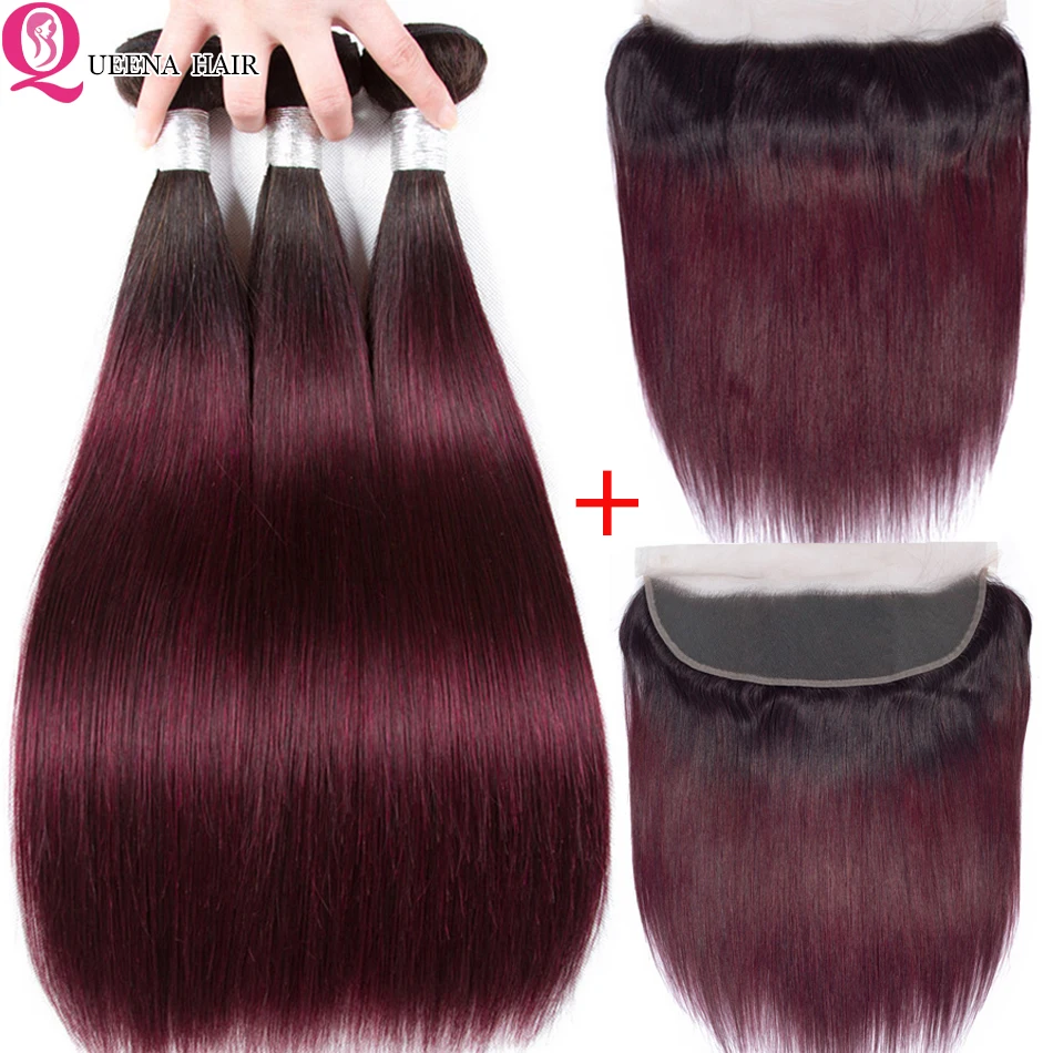 

Ombre 1B/99J Human hair Bundles With Ear To Ear Frontal 1B 99j Two Tone Peruvian Straight Hair Bundles With Frontal Closure Remy