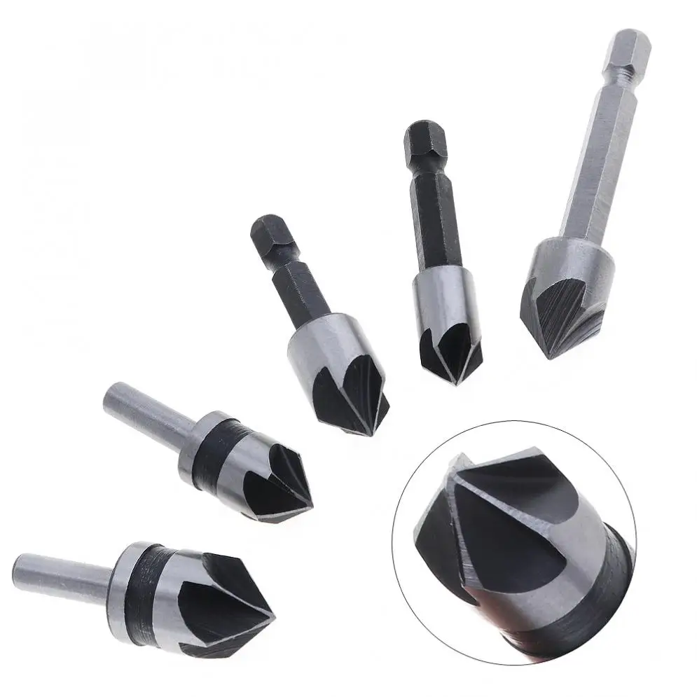 

5pcs/lot 5 Flute Countersink Drill Bit 82-90 Degree Point Angle Chamfer Chamfering Countersinking Cutter 1/4" Hex Round Shank