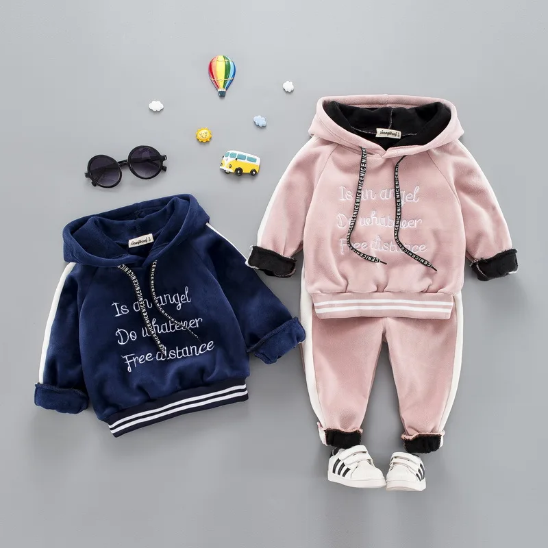 

0-4 years winter boy girl clothing set 2021 casual thicker warm letter solid kid suit children baby clothing hoodies+pant 2pcs