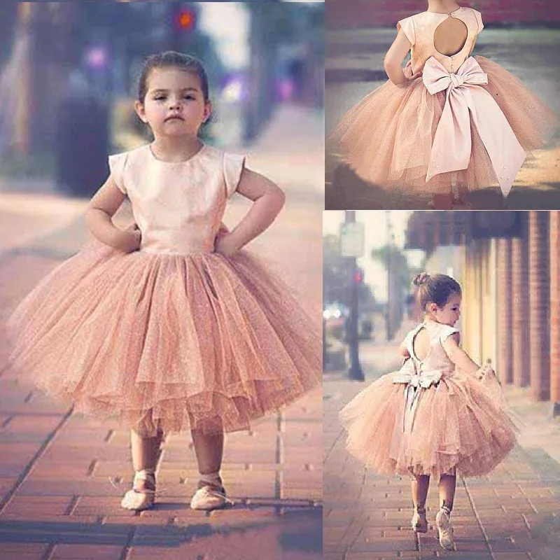 Pageant Dresses For Girls Sleeves 2019 Hot Blush Pink Satin Top Tulle Tutu Bow Back Tea Length Flower Dress Weddings | Мать и ребенок