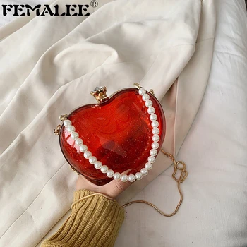

Ins Fashion Women Transparent Handbags Clear Jelly Bag Heart Shape Pearls Chain PVC Purse 2020 Crown Lock Shoulder Crossbody Bag