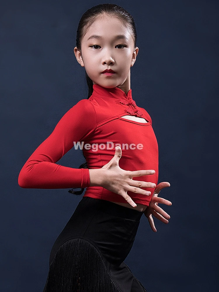 New Chinese Style Latin Dance Competition Ballroom Tango Shirt Girls Children Costume For Kids Salsa Top Long Sleeve