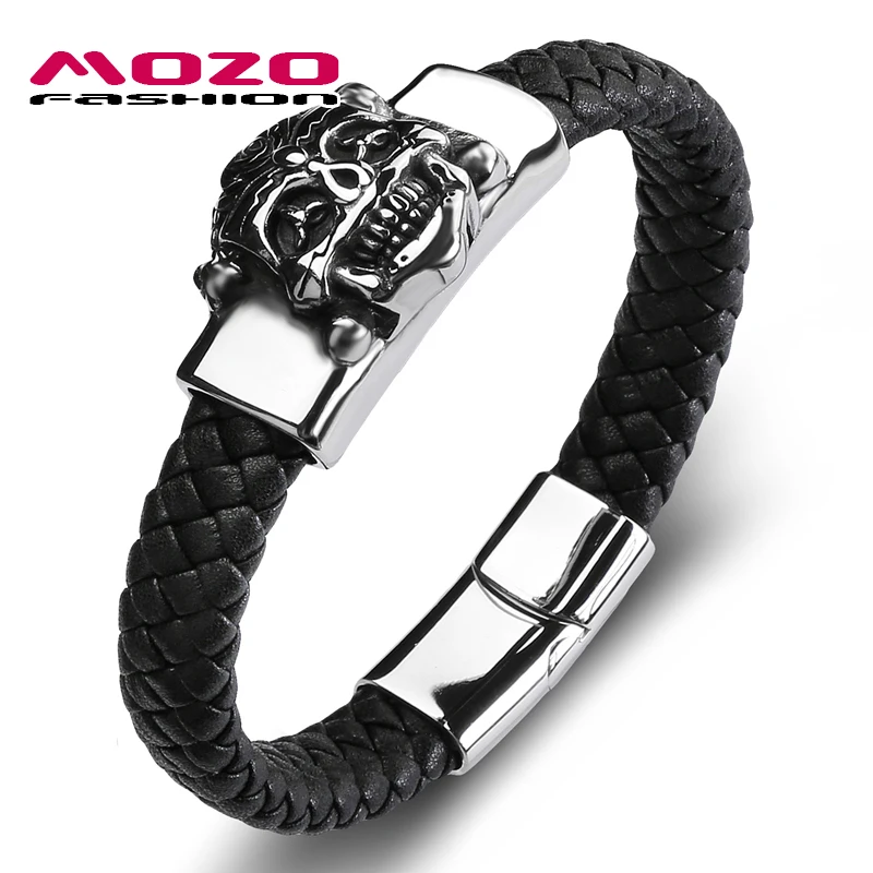 

2020 Punk Male Bracelet Genuine Leather Skeleton Stainless Steel Demons Man Animal Beast Skull Jewelry