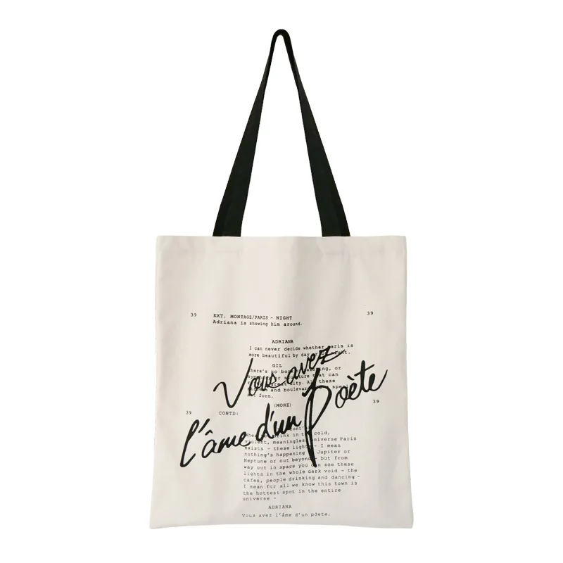 Women Canvas Handbag Shoulder Bag Letters Print Shopping Bag Cotton Linen Shopper Bags