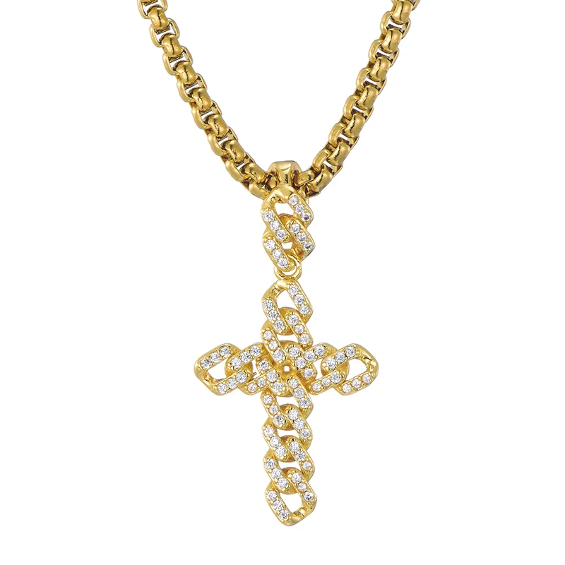 Хип хоп Iced Out Bling кубический цирконий кубинская цепь крест подвески и ожерелья для мужчин раппер ювелирные изделия