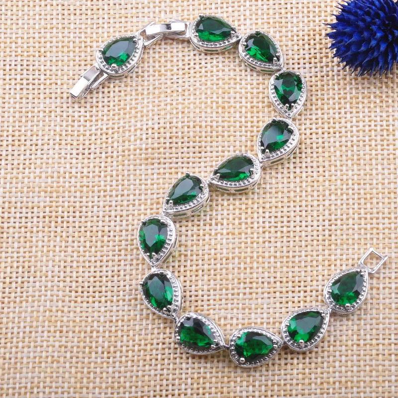 Women's Water Drop Jewelry Sets 925 Silver Necklace Pendant Earrings Green Zirconia Rings Bracelet Free Jewellry Box YZ0106