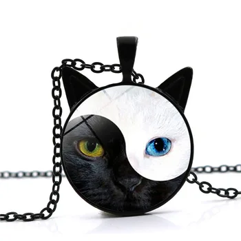 

Gato rosto retro colar pingente de vidro colar yin e yang tai chi bagua padrão colar masculino feminino personalidade jóias