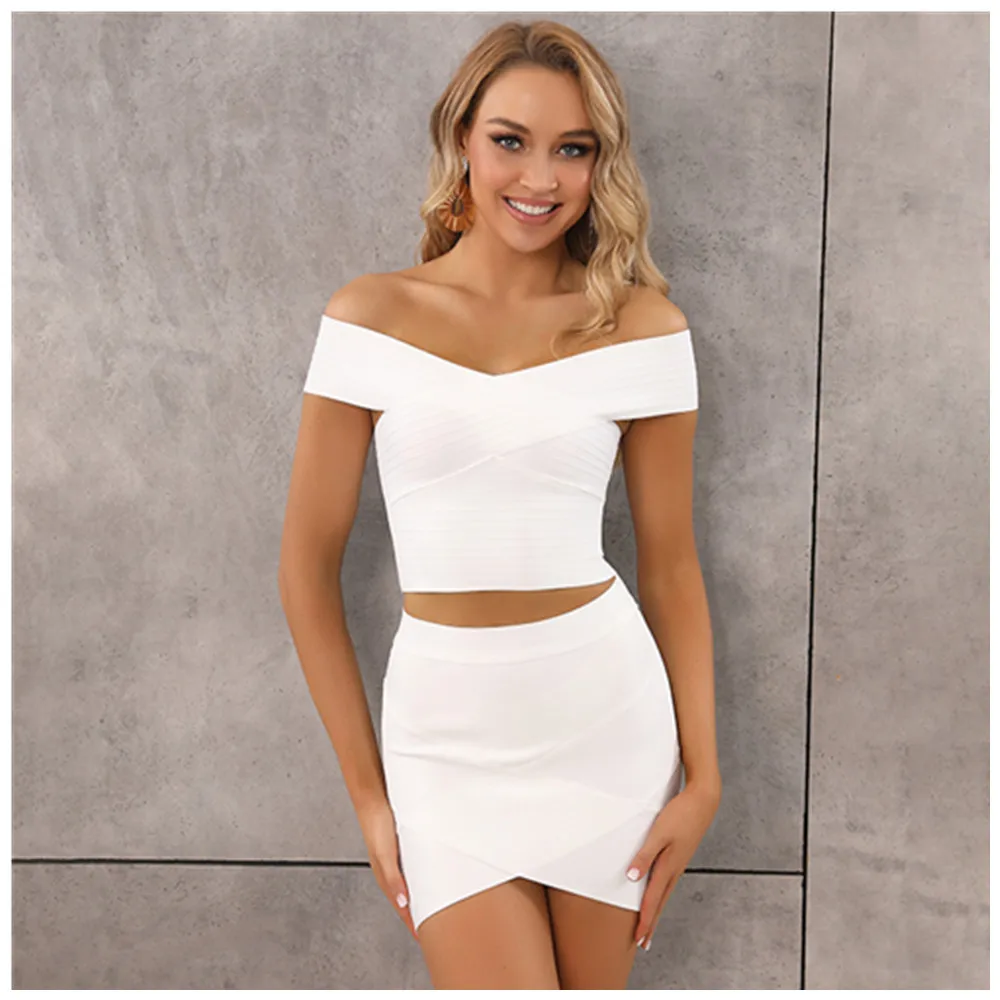 

Free Shipping Solid Nude Summer Style Sexy Off Shoulder White Two Piece Bandage Dress 2021 Designer Fashion Party Dress Vestido